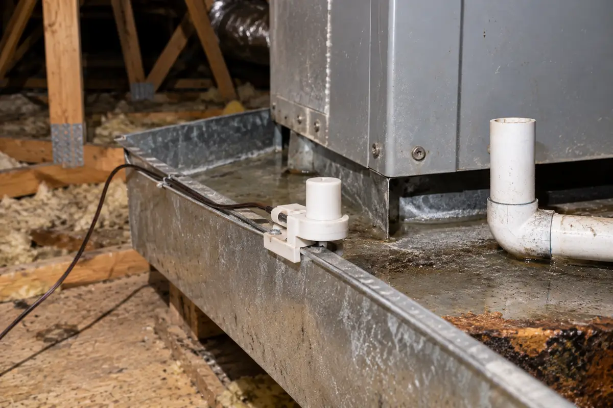 A float switch clipped to the rim of the secondary drain pan under an attic air handler, with the pan holding water