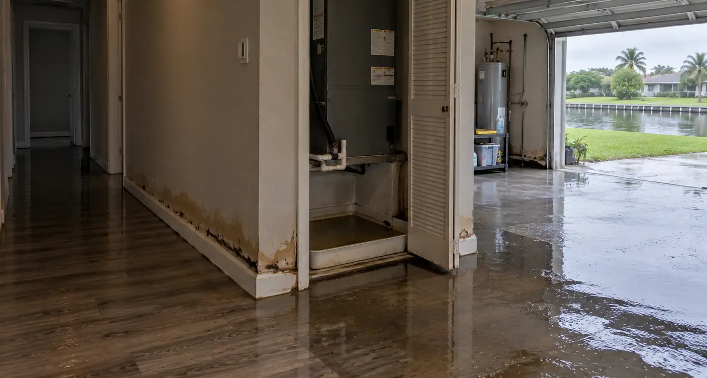 Water spreading out of an interior air handler closet across a hallway and into the garage of a slab house