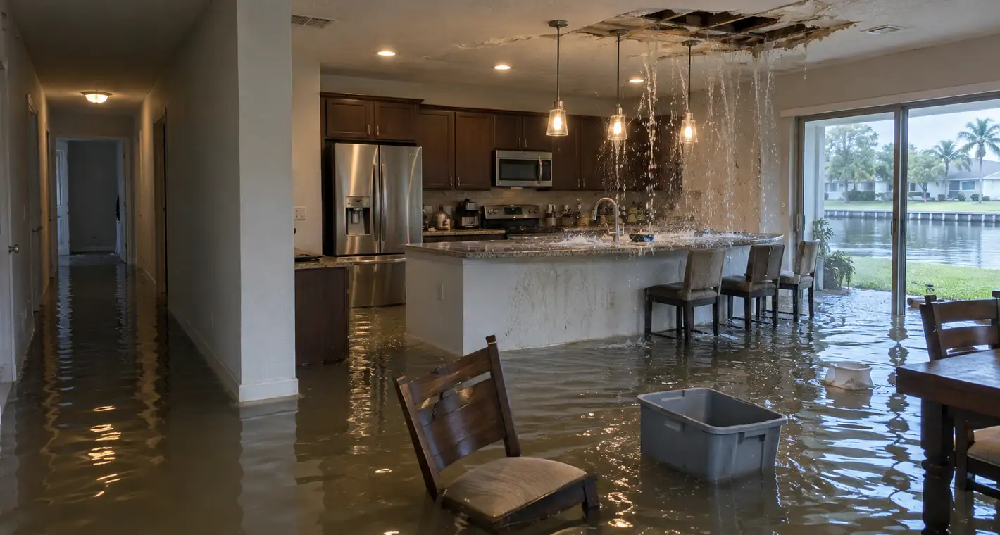 Water standing across the floor of a Florida kitchen after a ceiling failure, with a canal visible through the sliding doors