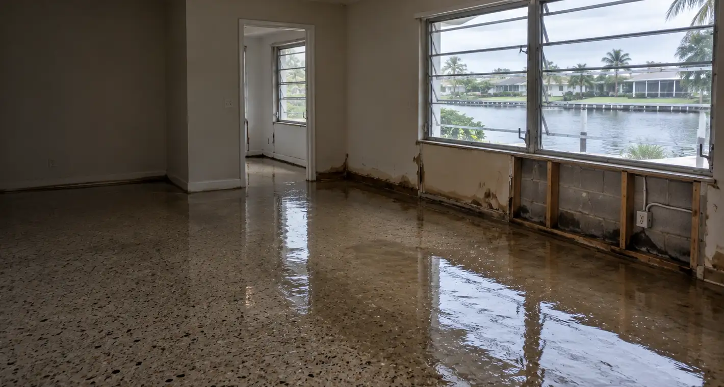 Standing water on a terrazzo floor in an older coastal Florida house, the lower band of drywall cut away to bare concrete block