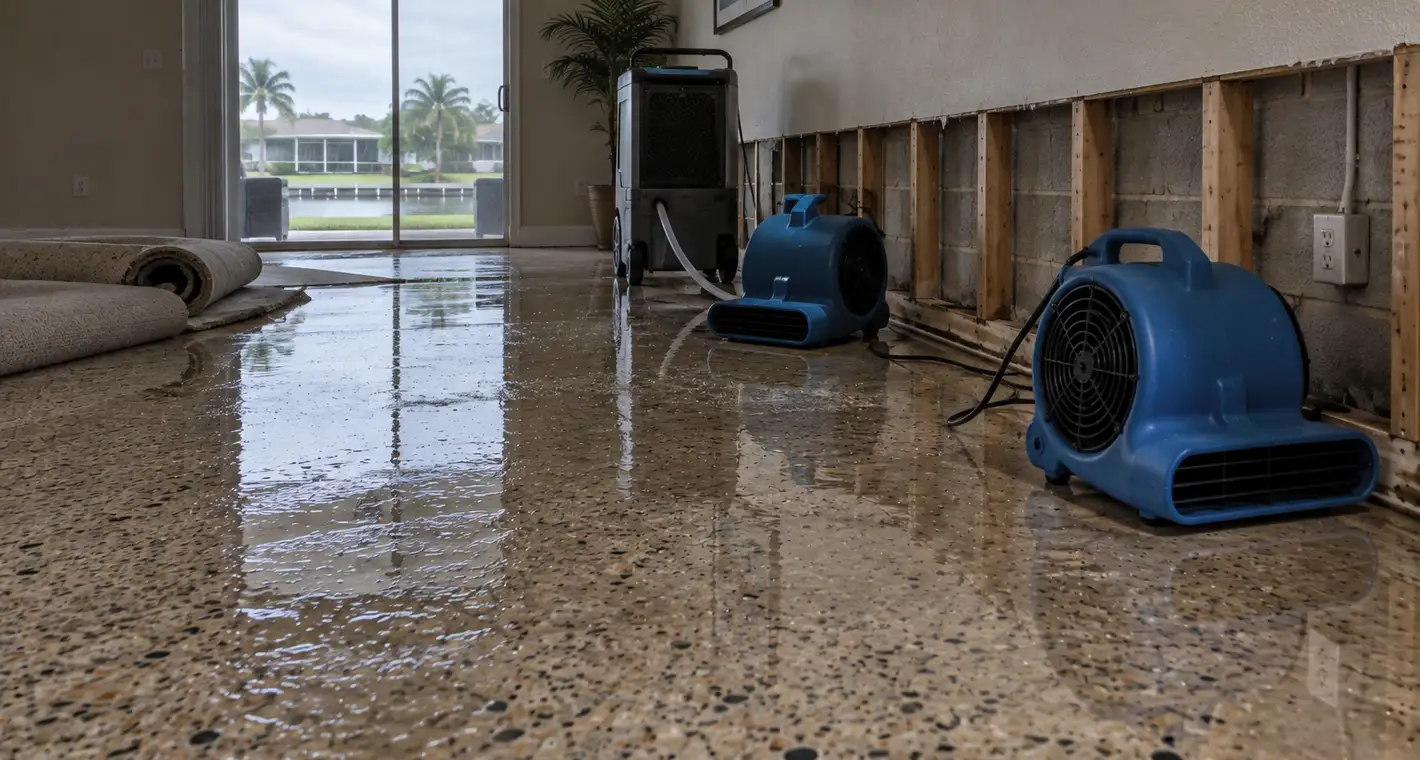 Air movers and a dehumidifier running on a wet terrazzo floor with the lower band of drywall removed